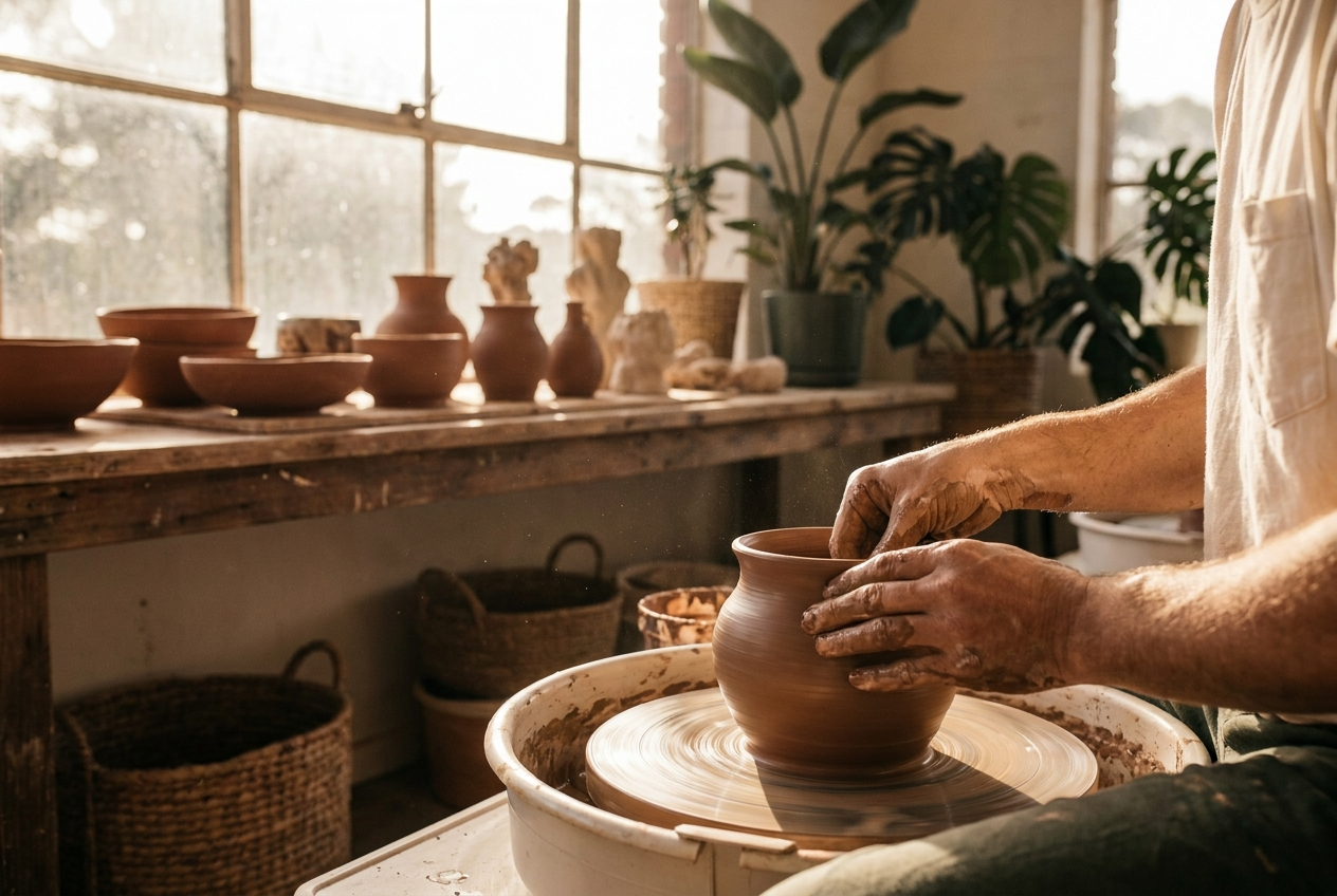 A potter shaping clay at the wheel
